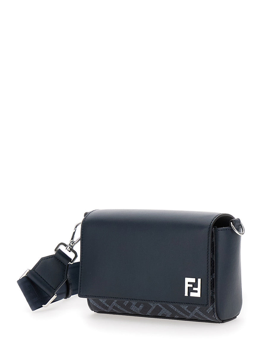 Fendi Men 'Messenger' Midnight Blue Shoulder Bag With Logo Plaque And Ff Motif In Leather And Canvas Man