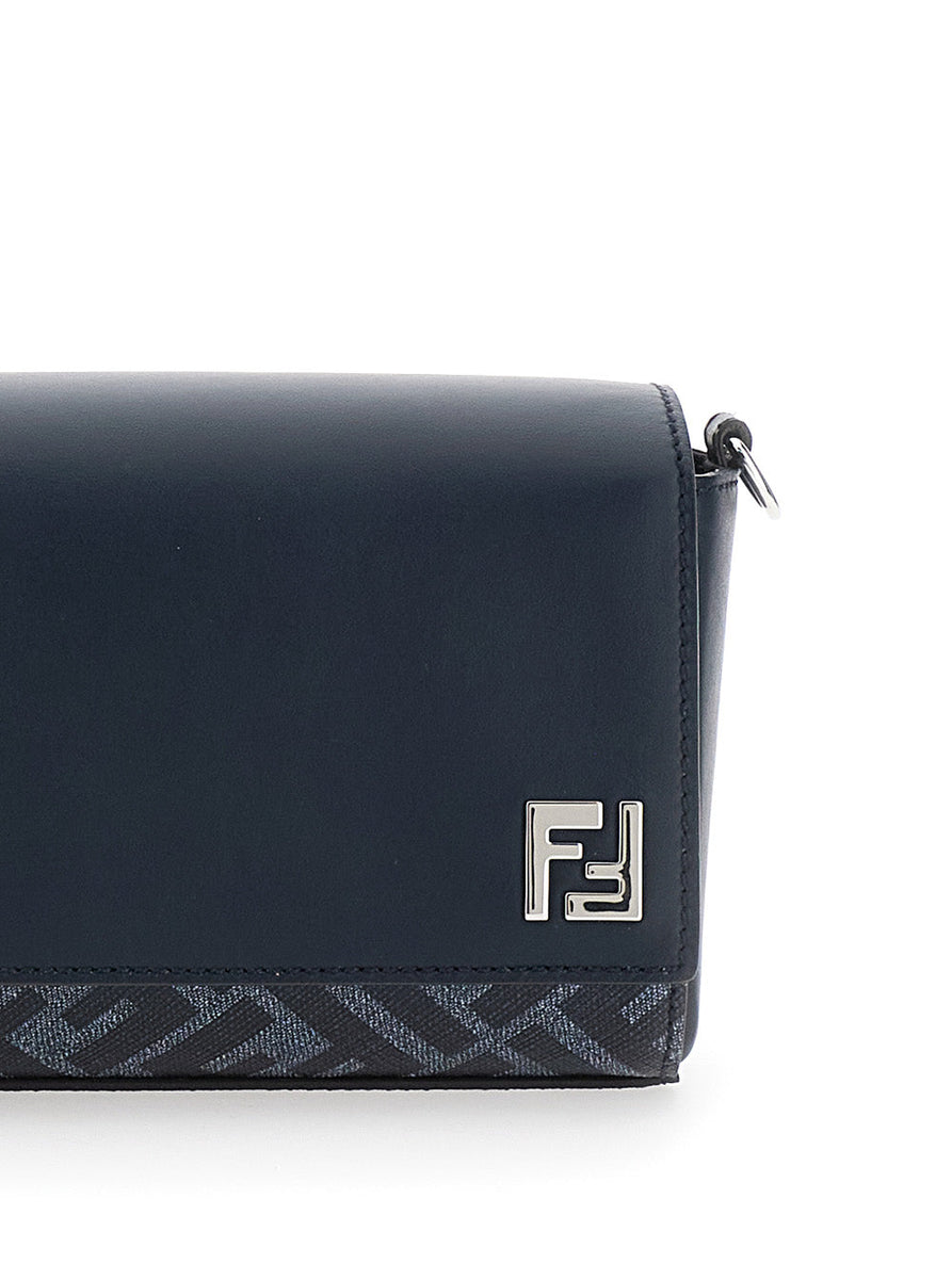 Fendi Men 'Messenger' Midnight Blue Shoulder Bag With Logo Plaque And Ff Motif In Leather And Canvas Man