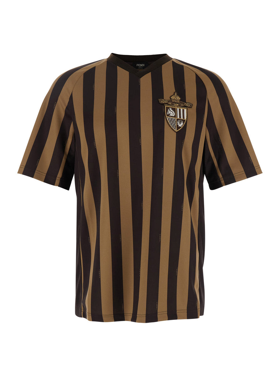 Fendi Men Brown T-Shirt With All-Over Striped Motif And Fendi Club Patch In Tech Fabric Man