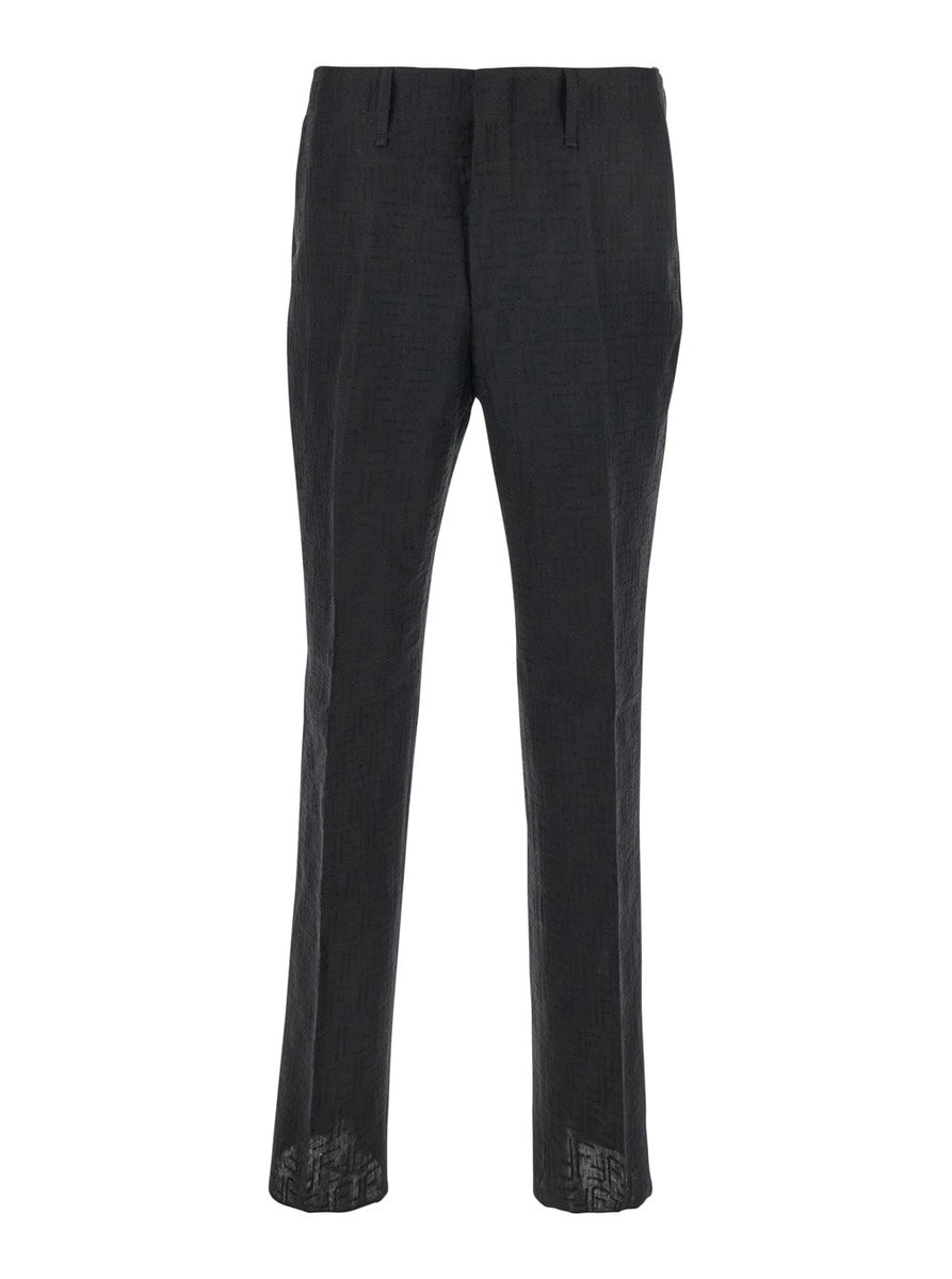 Fendi Men Black Pants With Belt Loops Amd All-Over Ff Embroidery In Linen Man