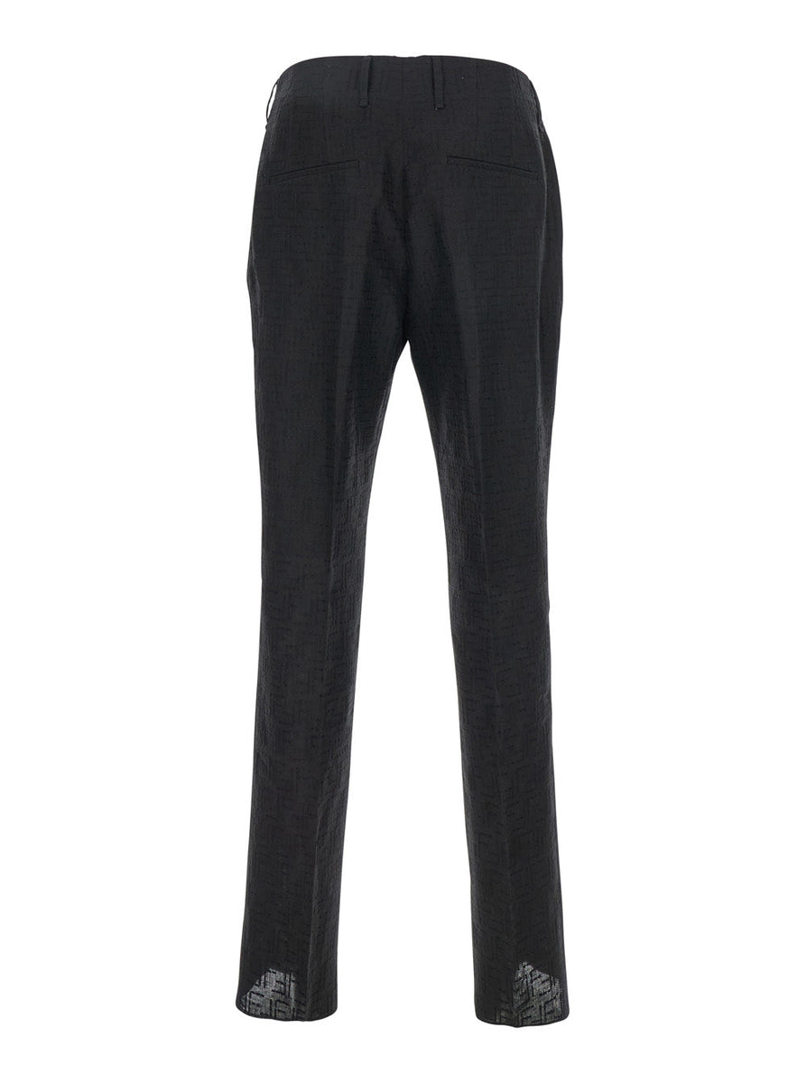 Fendi Men Black Pants With Belt Loops Amd All-Over Ff Embroidery In Linen Man