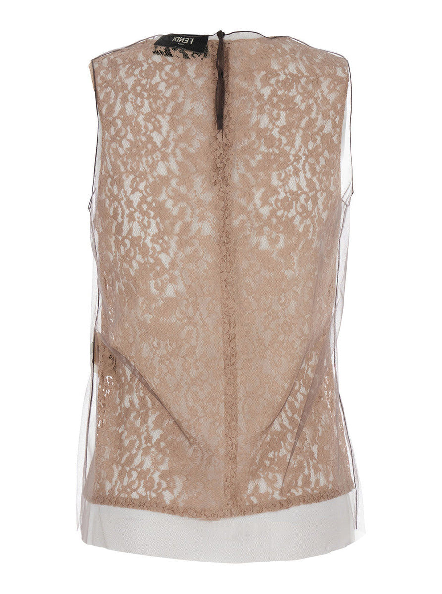 Fendi Women Beige Sleeveless Crewneck Top With All-Over Floral Embroidery In Lace Woman
