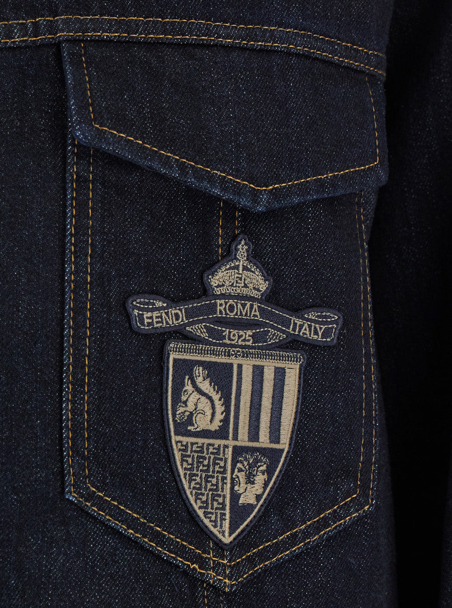 Fendi Men Blue Jacket With Classic Collar And Logo Embroidery On The Front In Denim Man