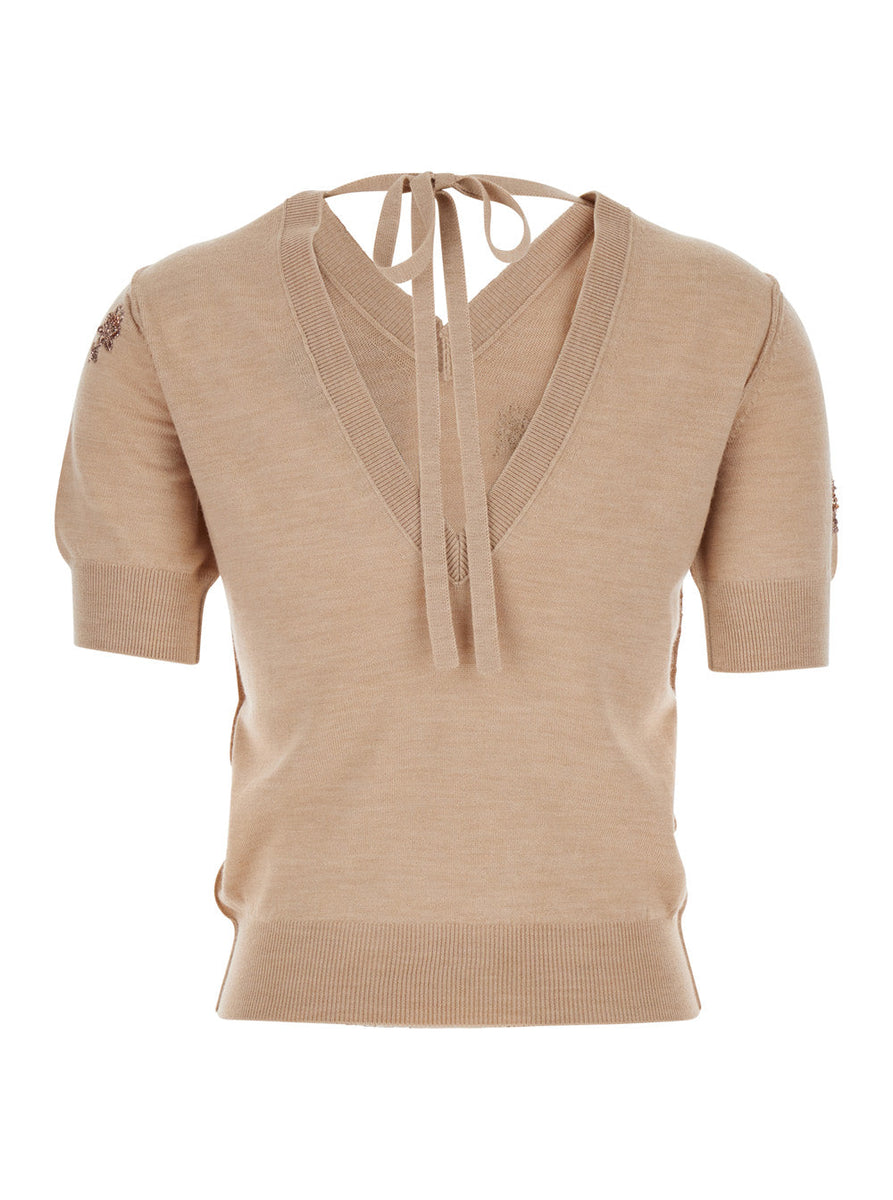Fendi Women Pink T-Shirt With V Neck On Front And Rear And Floral Embroidery On The Front In Wool Woman