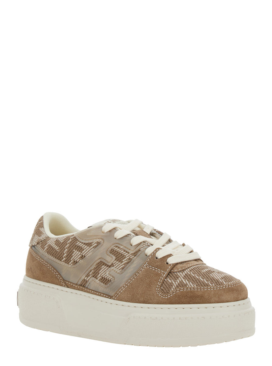Fendi Women 'Match' Beige Sneaker With All-Over Ff Motif And Platform In Leather And Fabric Woman