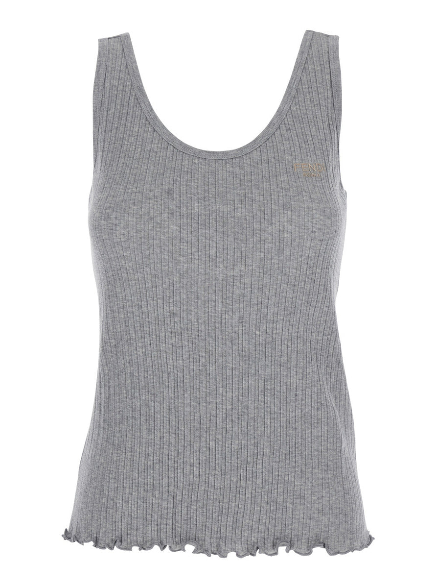 Fendi Women Grey Sleeveless Top With Round Neck And Logo Lettering On The Front In Cotton Woman