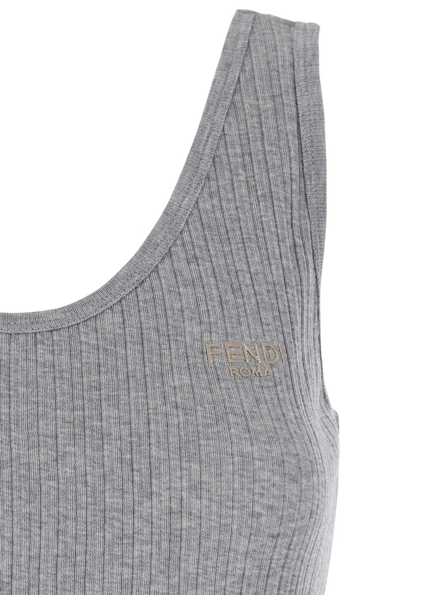 Fendi Women Grey Sleeveless Top With Round Neck And Logo Lettering On The Front In Cotton Woman