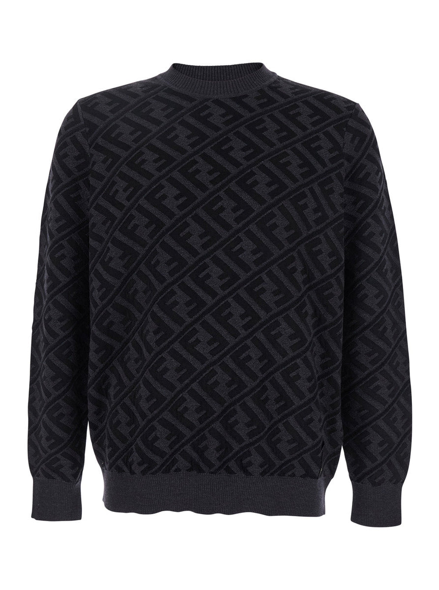 Fendi Men Grey Crewneck Sweater With All-Over Ff Motif In Wool Man