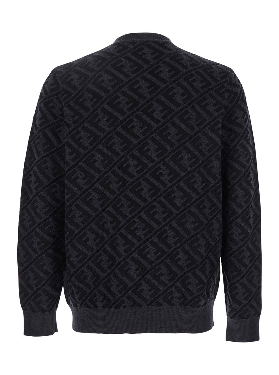 Fendi Men Grey Crewneck Sweater With All-Over Ff Motif In Wool Man