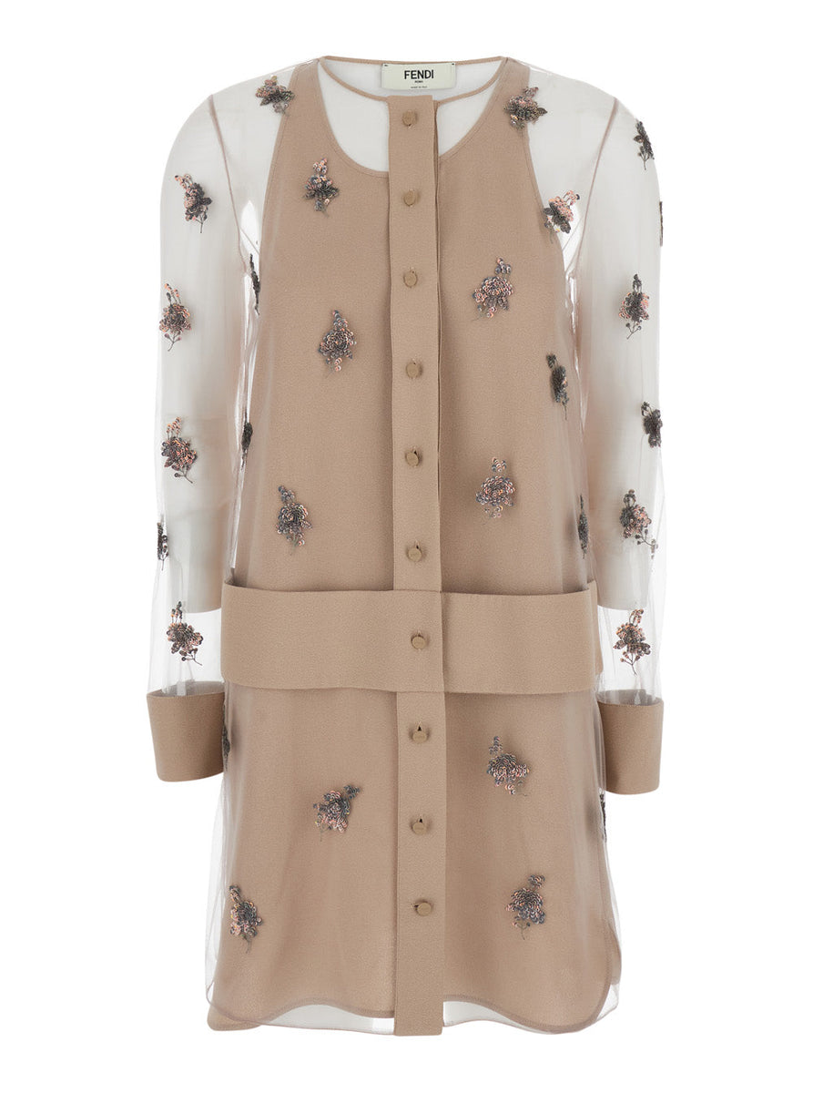 Fendi Women Pink Short Crewneck Dress With All-Over Rhinestoned Floral Embroidery In Tech Fabric Woman