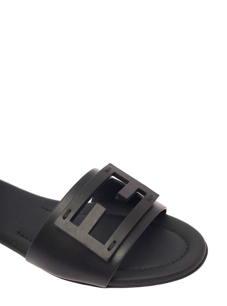 Fendi Women Leather Slide Mules With Logo Buckle