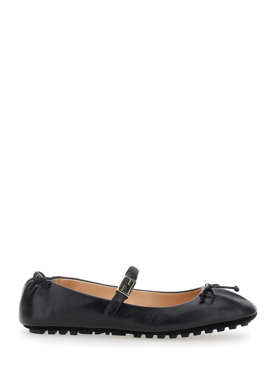 Fendi Women Black Ballerinas With Curled Heel And Ff Logo Plaque On The Strap In Leather Woman