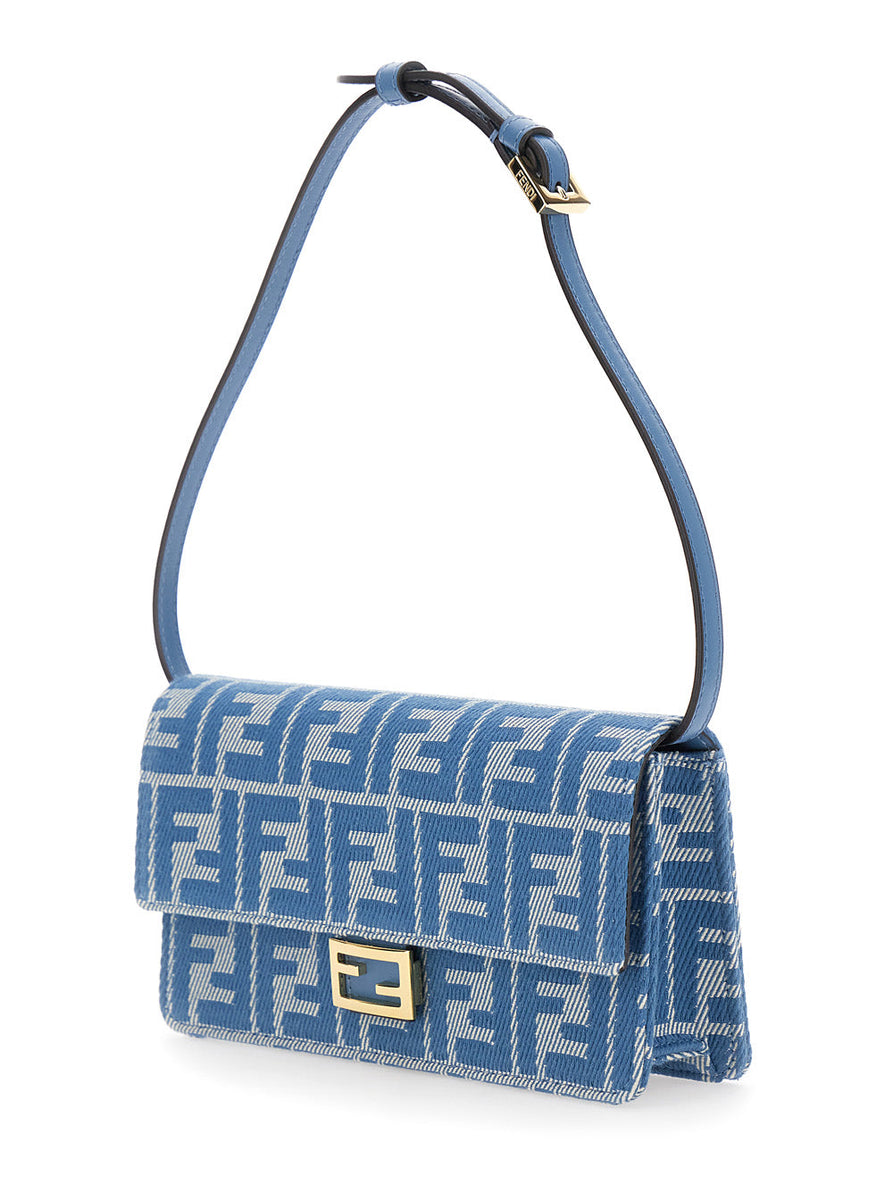 Fendi Women Blue Crossbody Bag With All-Over Ff Motif And Metallic Ff Plaque On The Front In Cotton Woman