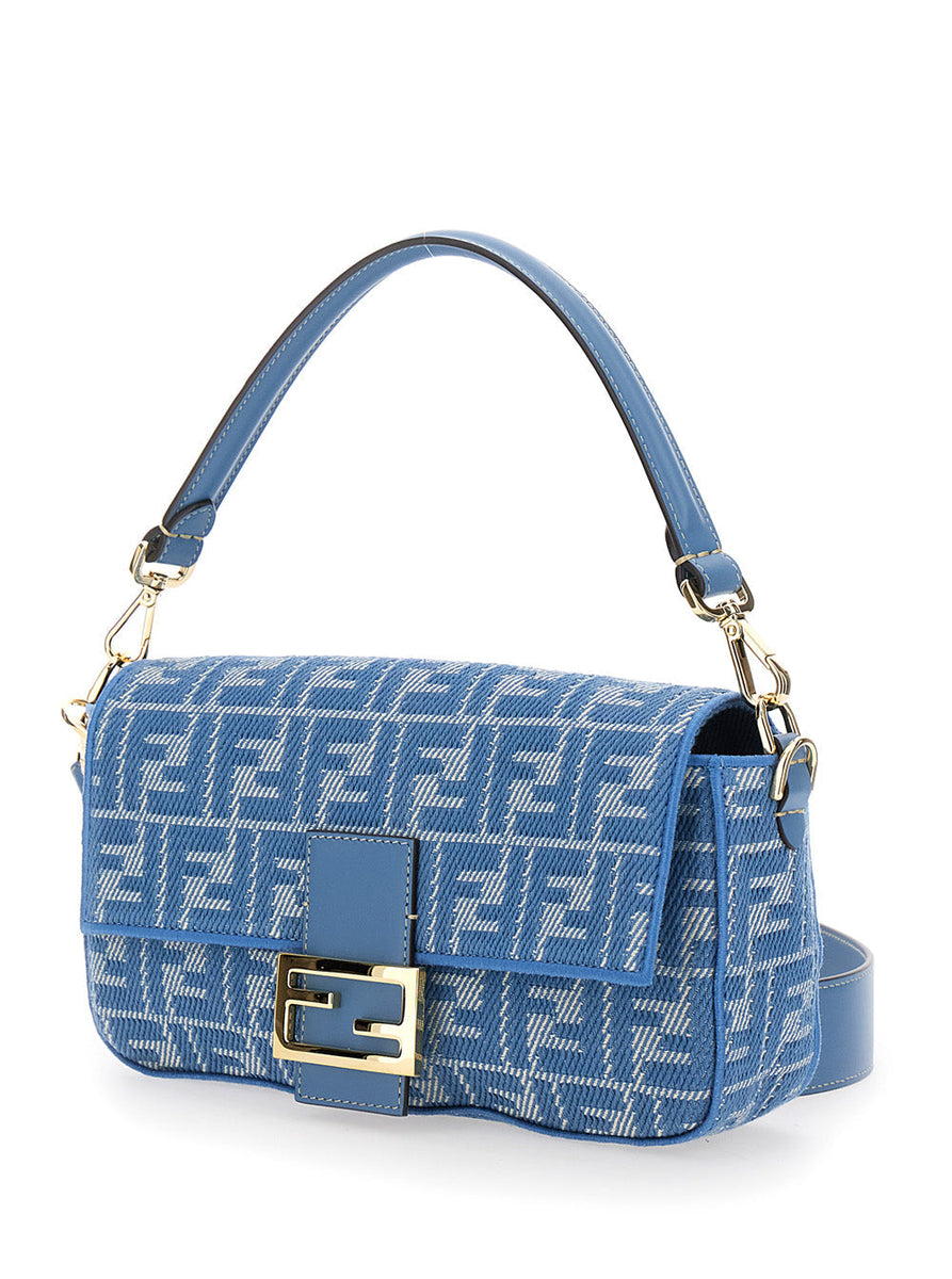 Fendi Women 'Baguette Medium' Blue Shoulder Bag With All-Over Ff Motif And Ff Logo Plaque On The Front In Cotton Woman
