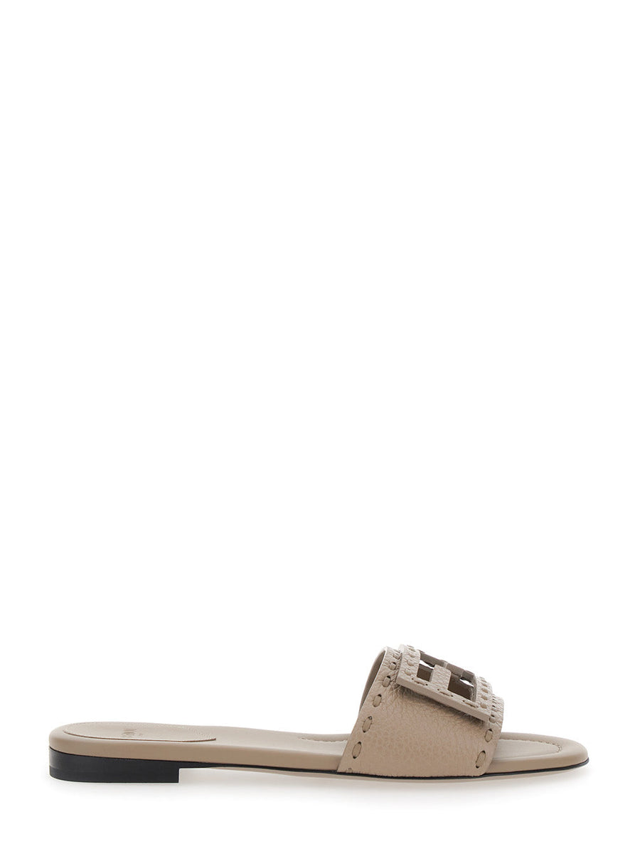 Fendi Women Beige Slide Sandals With Logo Plaque On The Front In Hammered Leather Woman