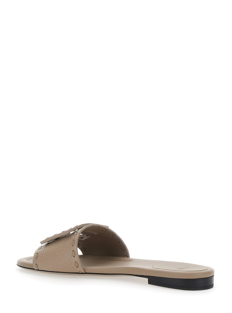 Fendi Women Beige Slide Sandals With Logo Plaque On The Front In Hammered Leather Woman