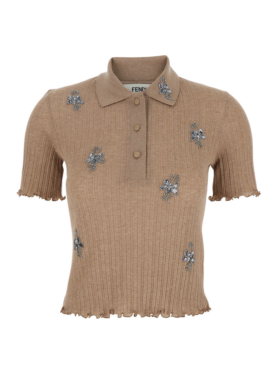 Fendi Women Beige Polo With Ribbed Design And All-Over Floral Embroidery With Sequins And Beads In Cotton Jersey Woman