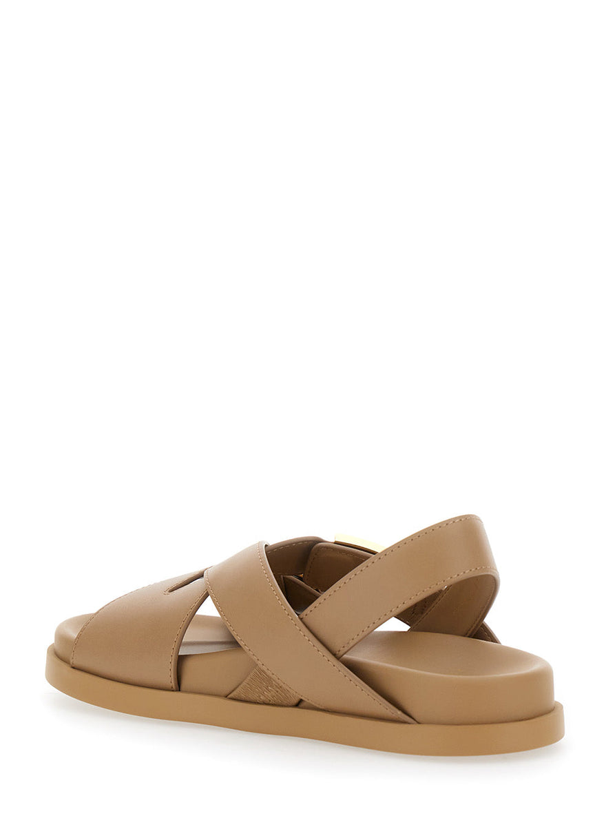 Fendi Women Brown Sandals With Criss-Crossed Straps And Ff Buckles In Leather Woman