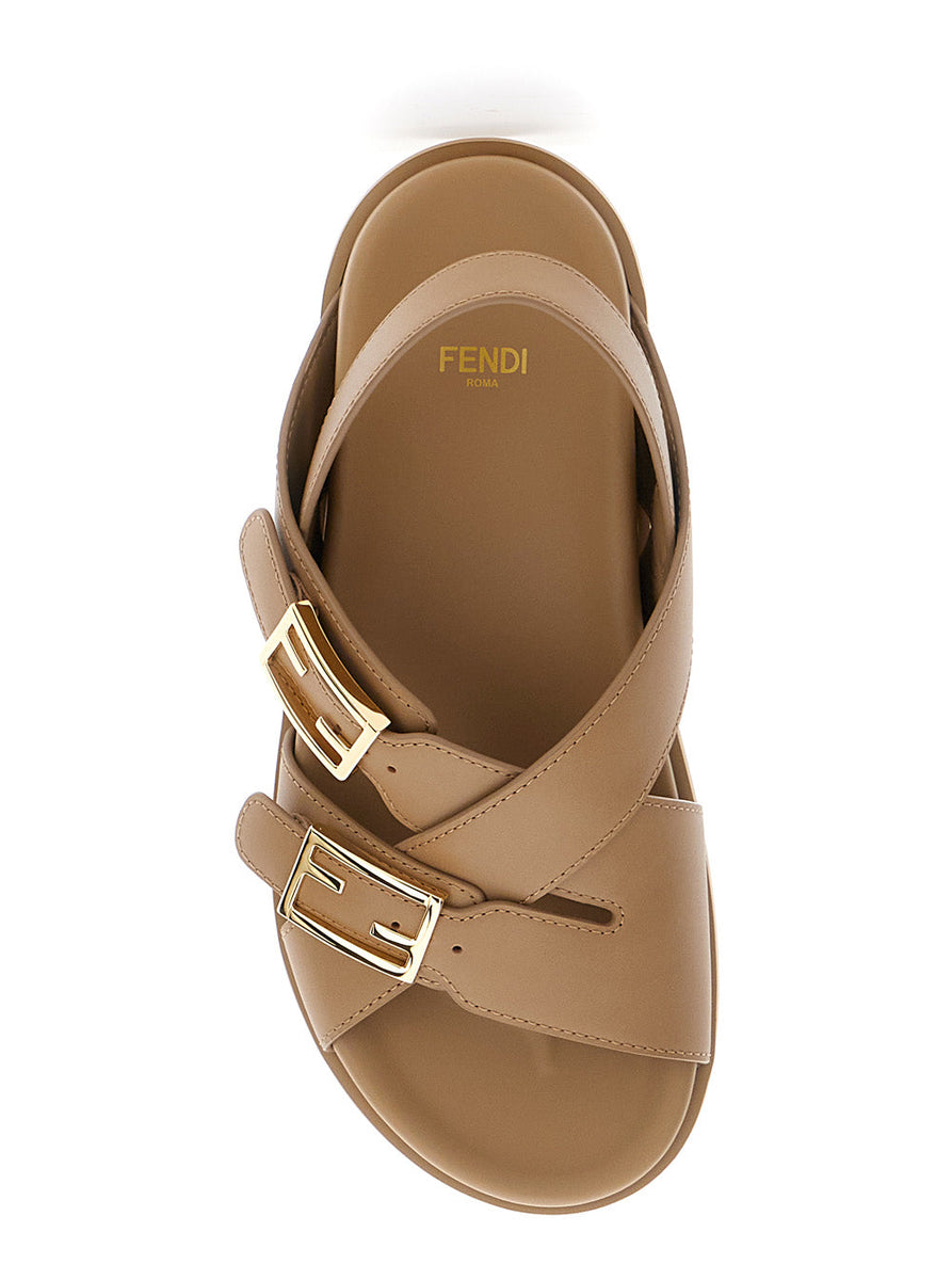 Fendi Women Brown Sandals With Criss-Crossed Straps And Ff Buckles In Leather Woman