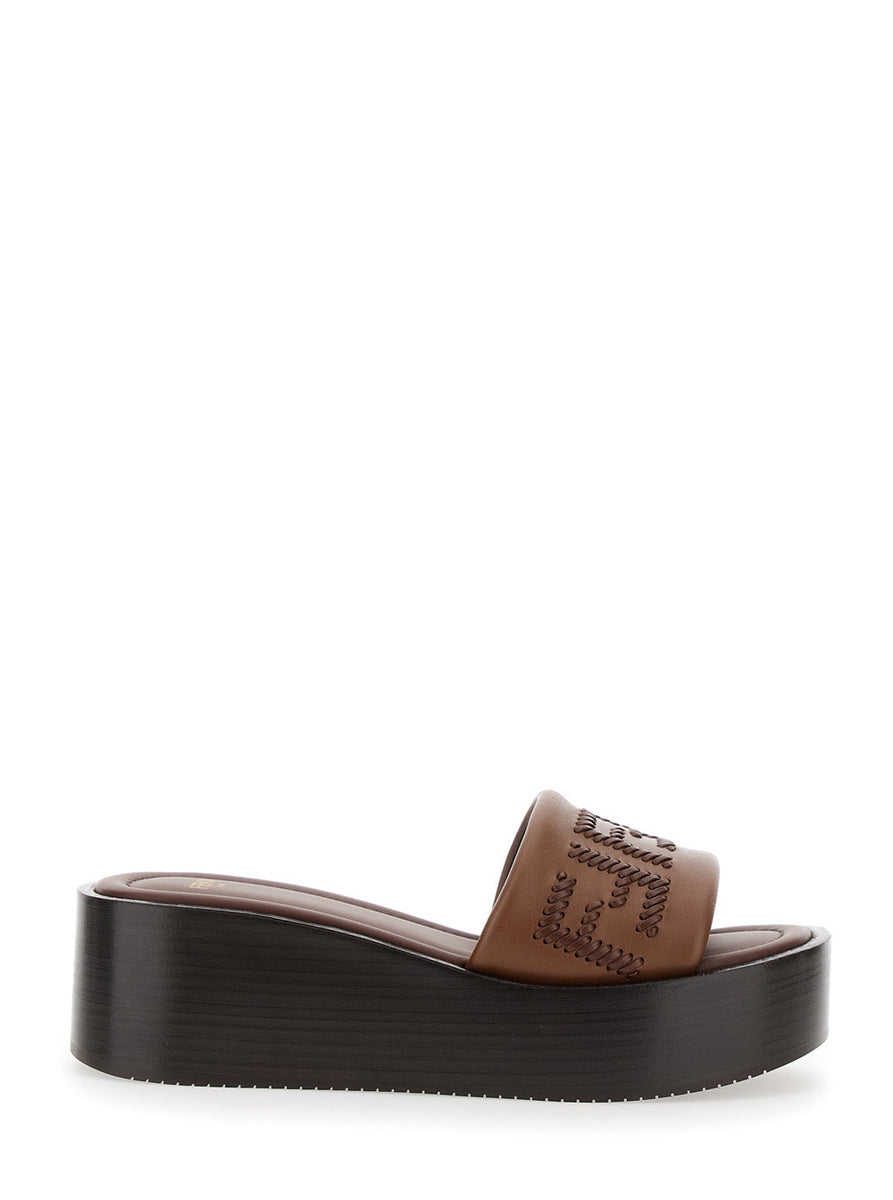 Fendi Women Brown Slides With Wedge Heel And Ff Motiv On The Band In Leather Man