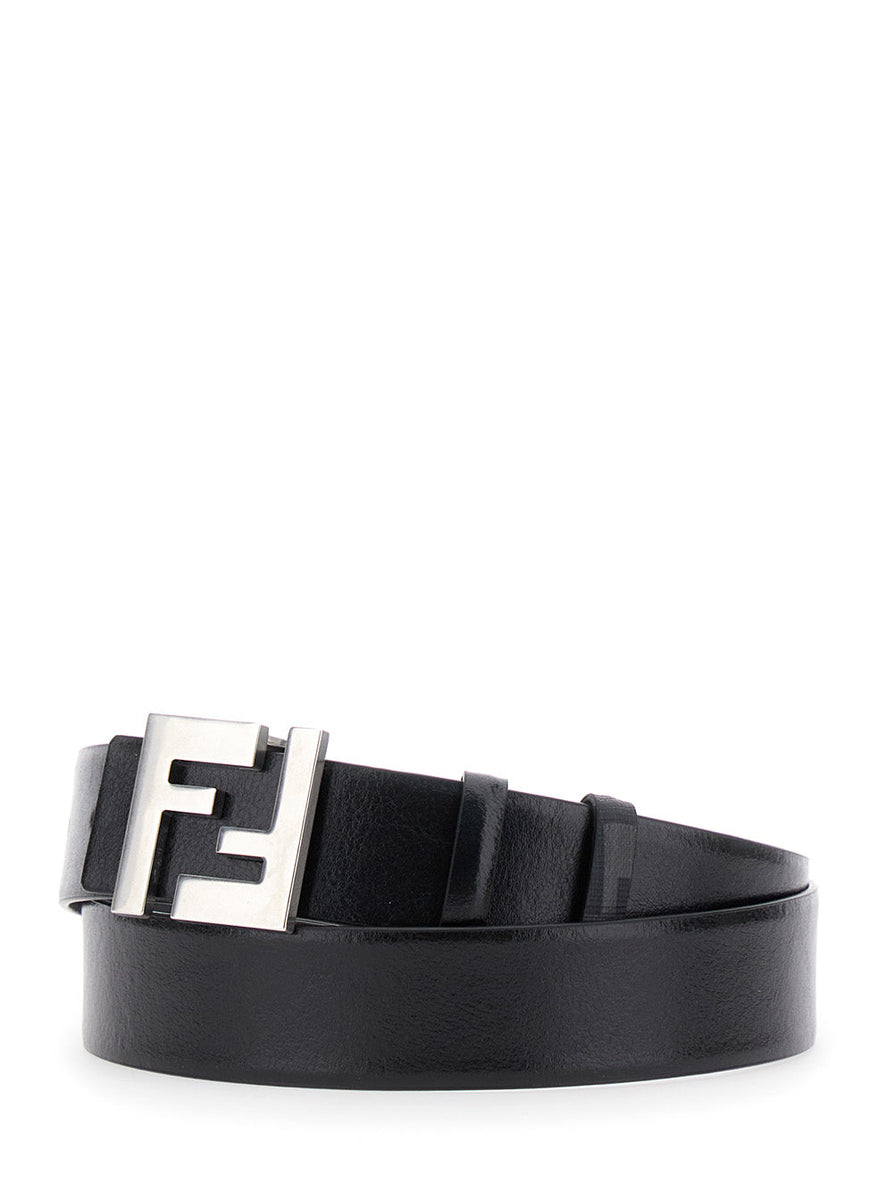 Fendi Men Black Reversible Belt With Ff Logo Buckle In Leather Man