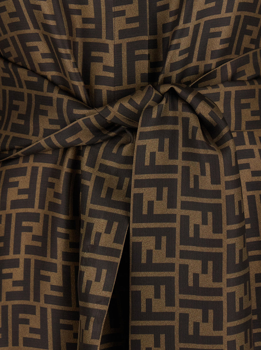 Fendi Women Brown Shirt Dress With Monogram Logo Print All-Over In Silk Woman
