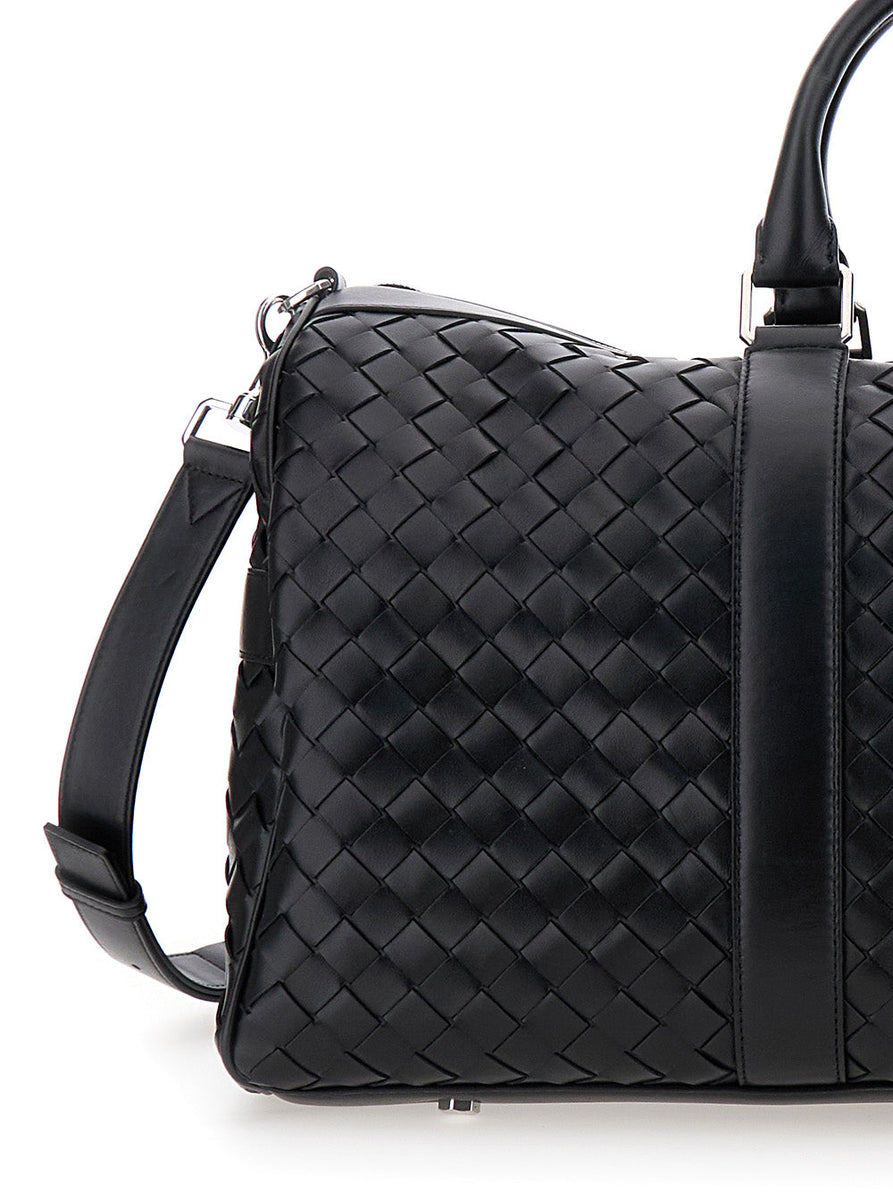 Bottega Veneta Men Black Travel Bag With Intrecciato Motif And Shoulder Strap In Leather Man