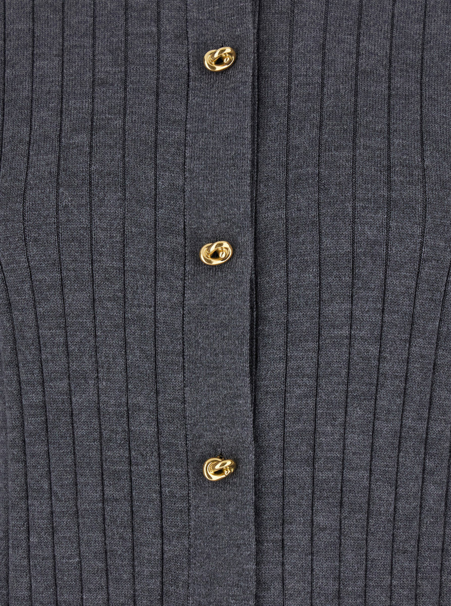 Bottega Veneta Women Grey Crewneck Cardigan With Knot Buttons Closure And Ribbed Knit In Wool Woman