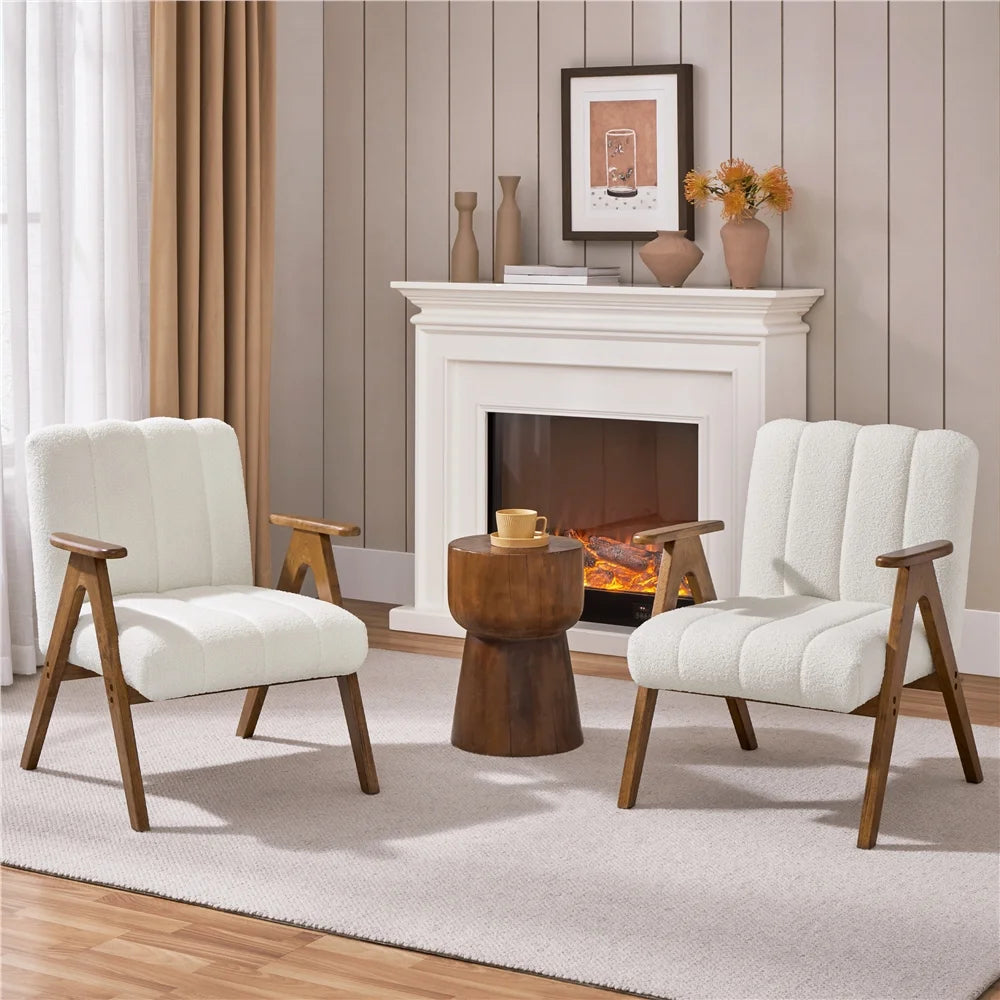 Mid Century Modern Boucle Upholstered Accent Chair with Solid Wood Legs, White