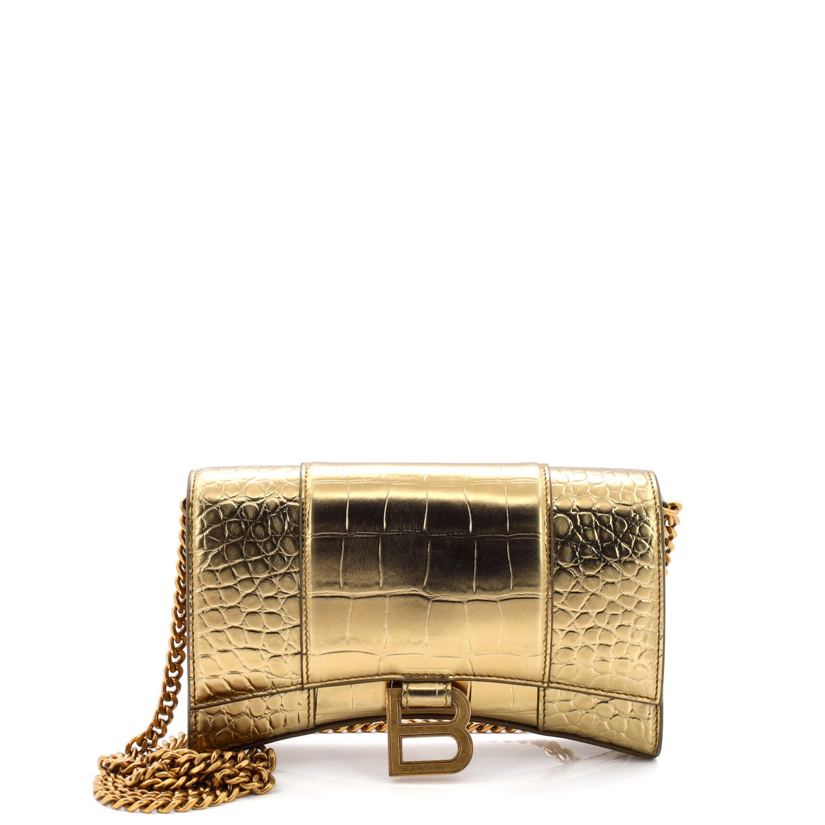 Balenciaga Hourglass Chain Wallet Crocodile Embossed Leather