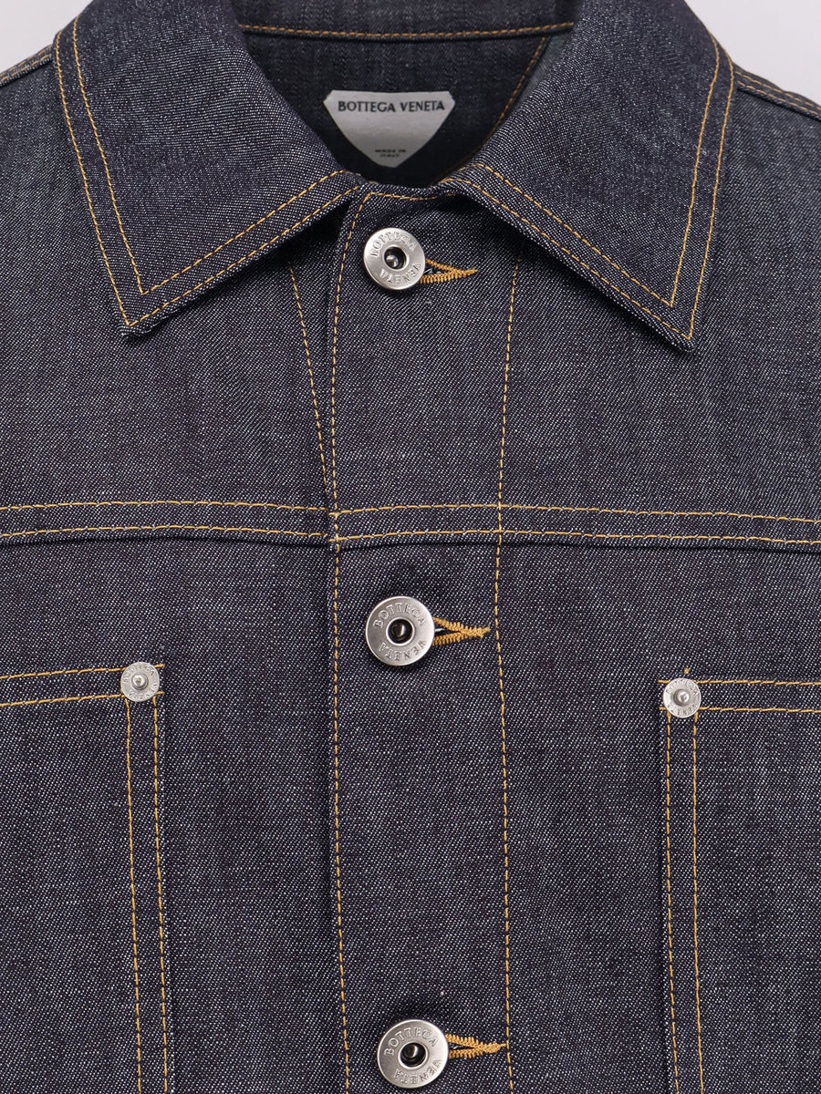 Bottega Veneta Men Denim Jacket With Iconic Intrecciato Patch