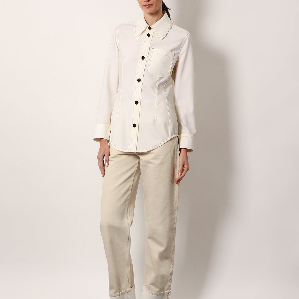 Bottega Veneta Women Traverl Light Wool Shirt With Maxi Pointed Collar