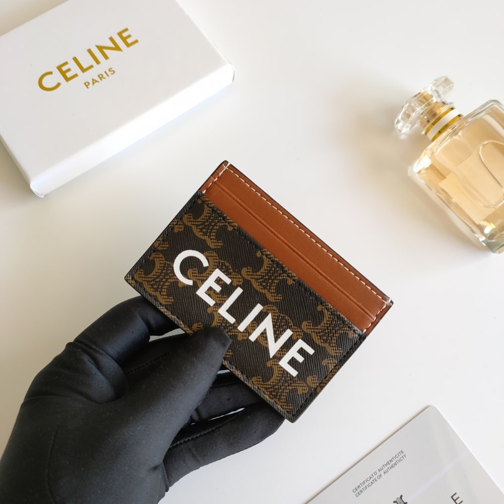 CELINE CARD HOLDER IN TRIOMPHE CANVAS WITH CELINE PRINT TAN 10CM 10B702CLY 04LU