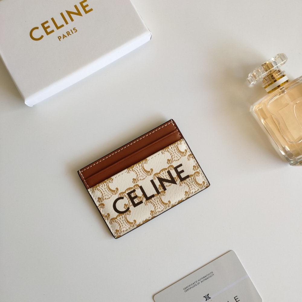 CELINE CARD HOLDER IN TRIOMPHE CANVAS WITH CELINE PRINT WHITE TAN 10CM 10B702CLY 01TA
