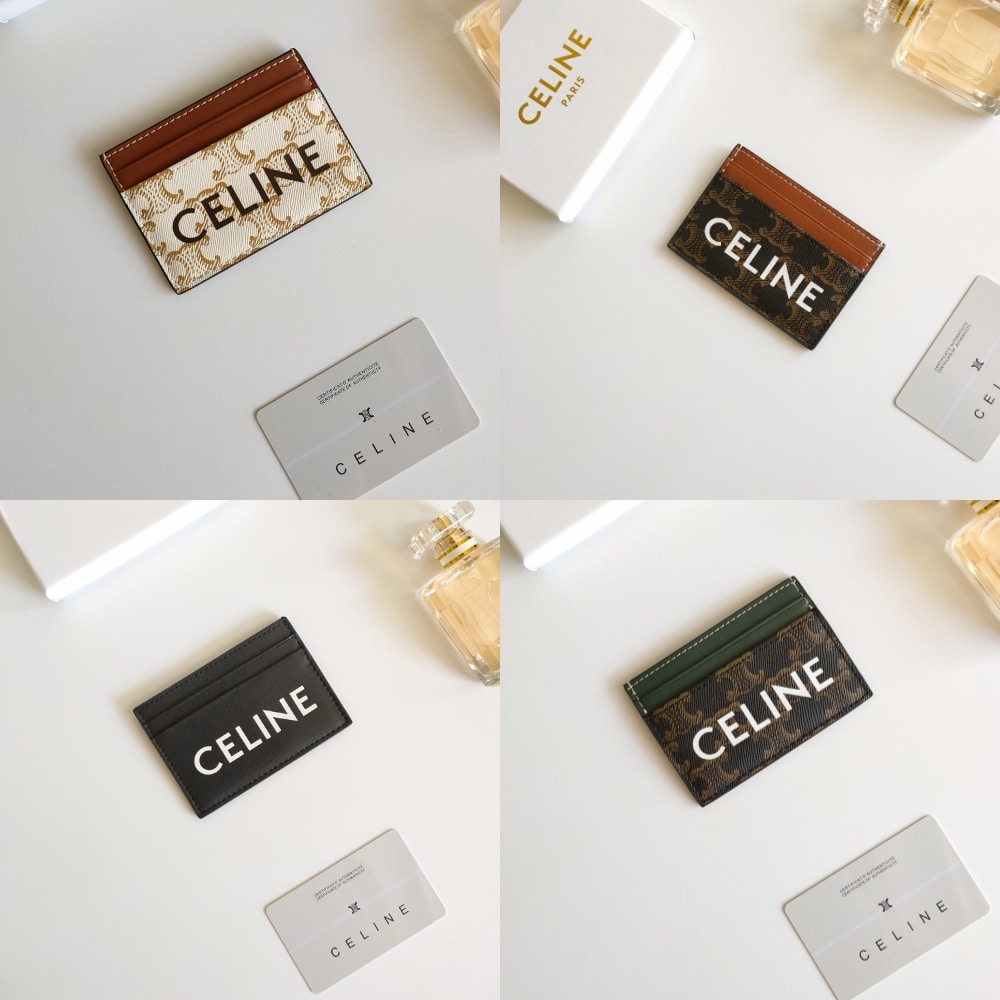 CELINE CARD HOLDER IN TRIOMPHE CANVAS WITH CELINE PRINT WHITE TAN 10CM 10B702CLY 01TA