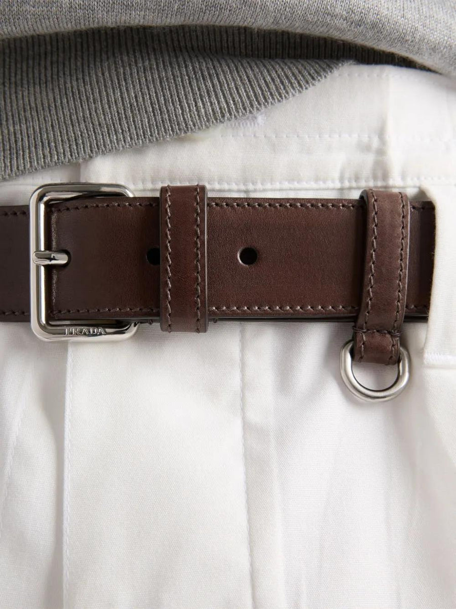 PRADA Aged Leather Belt with Engraved Buckle