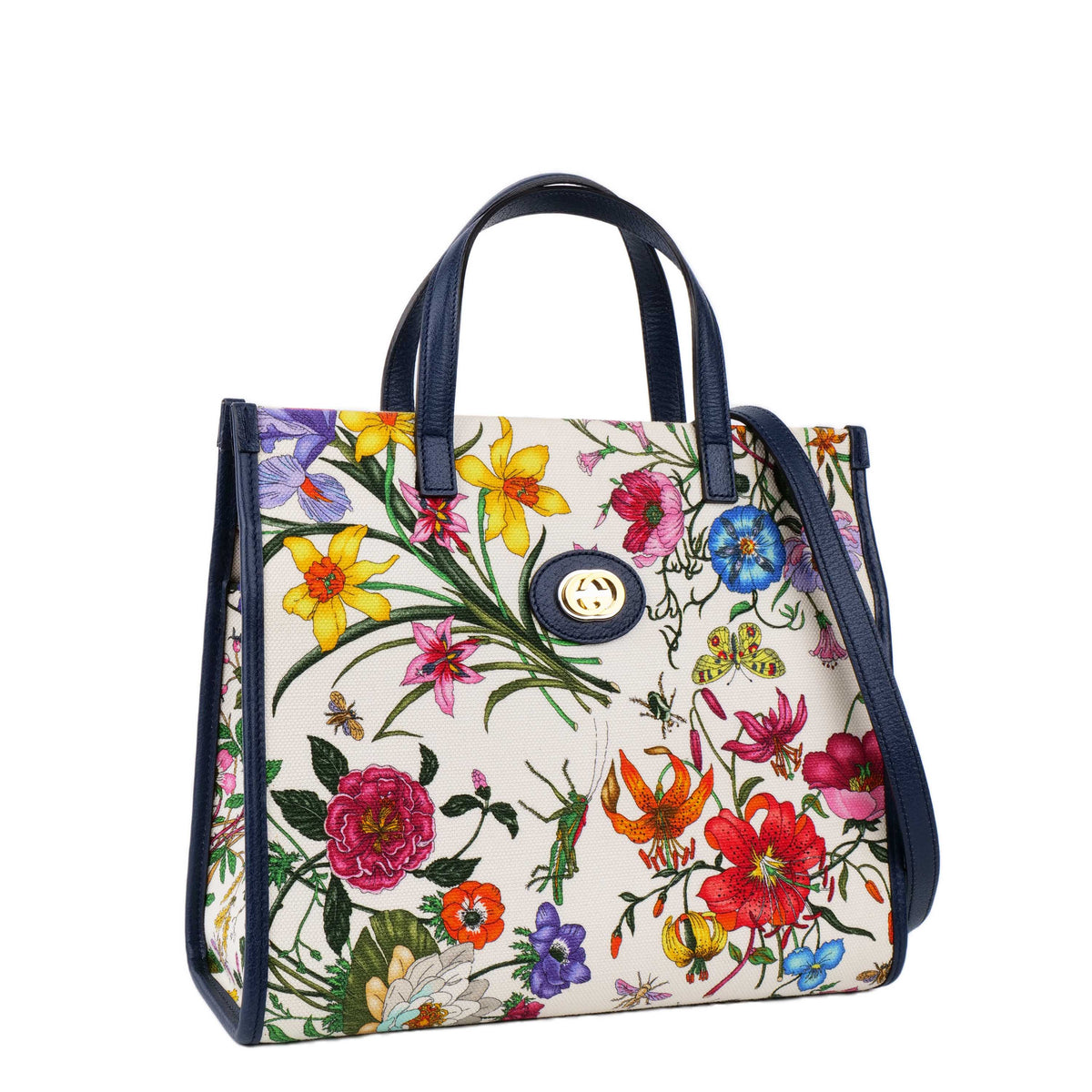 Gucci Floral Canvas Tote with Blue Leather Trim.