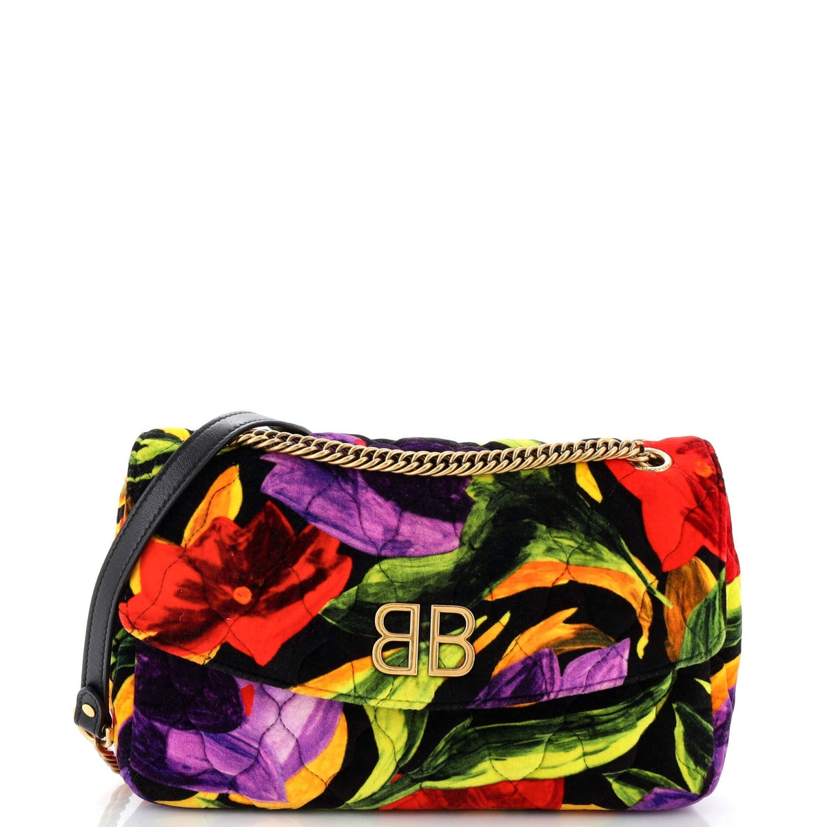 Balenciaga BB Chain Round Shoulder Bag Quilted Printed Velvet Medium