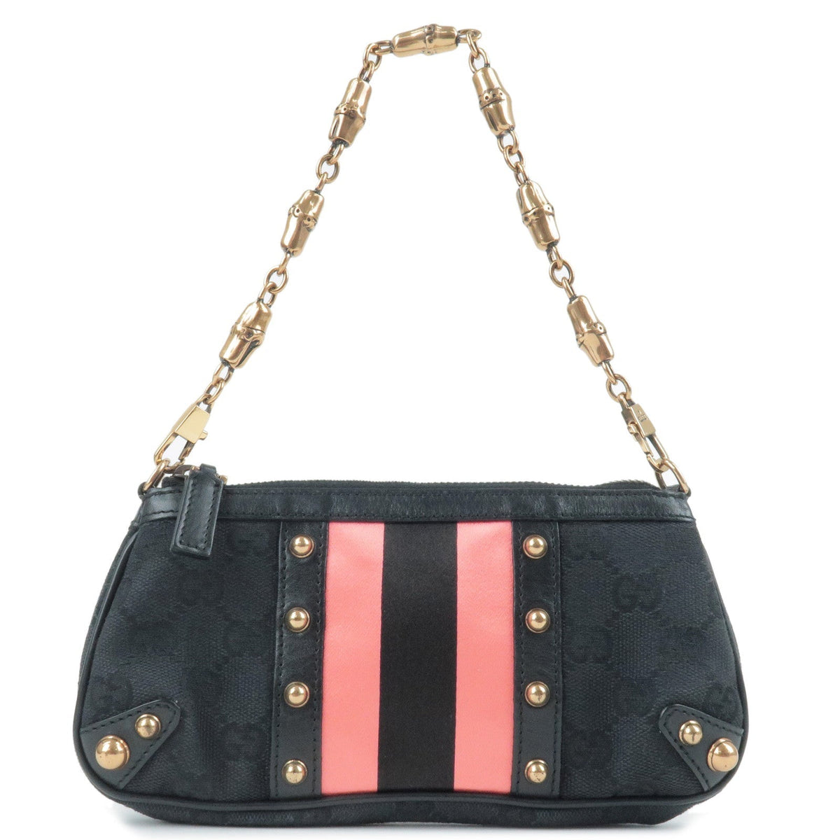 GUCCI Sherry Bamboo Canvas Leather Chain Hand Bag Black 129423