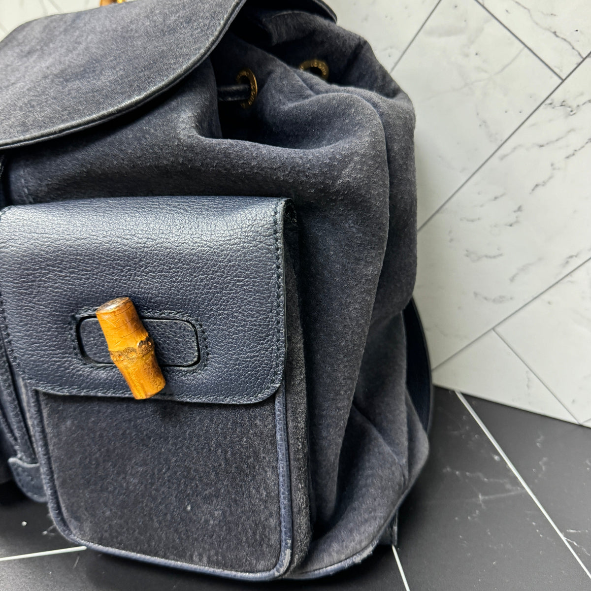 Gucci Navy Blue Suede Bamboo Small Backpack