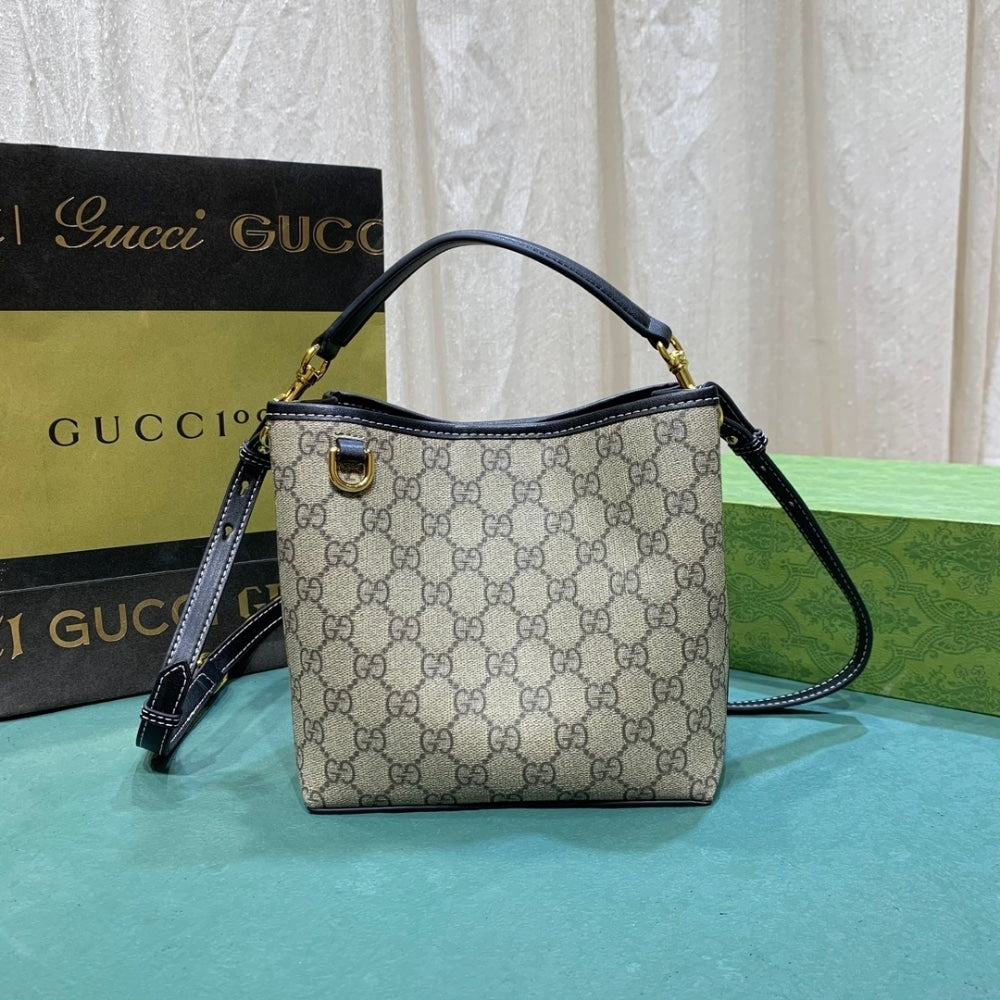 GG GG EMBLEM MINI BUCKET BAG BEIGE AND DARK BROWN 20CM 815118 FAD6L 9741