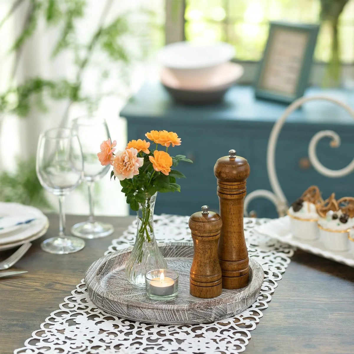 Candle Tray Rustic round Wood Table Centerpiece Decorative Trays Whitewash