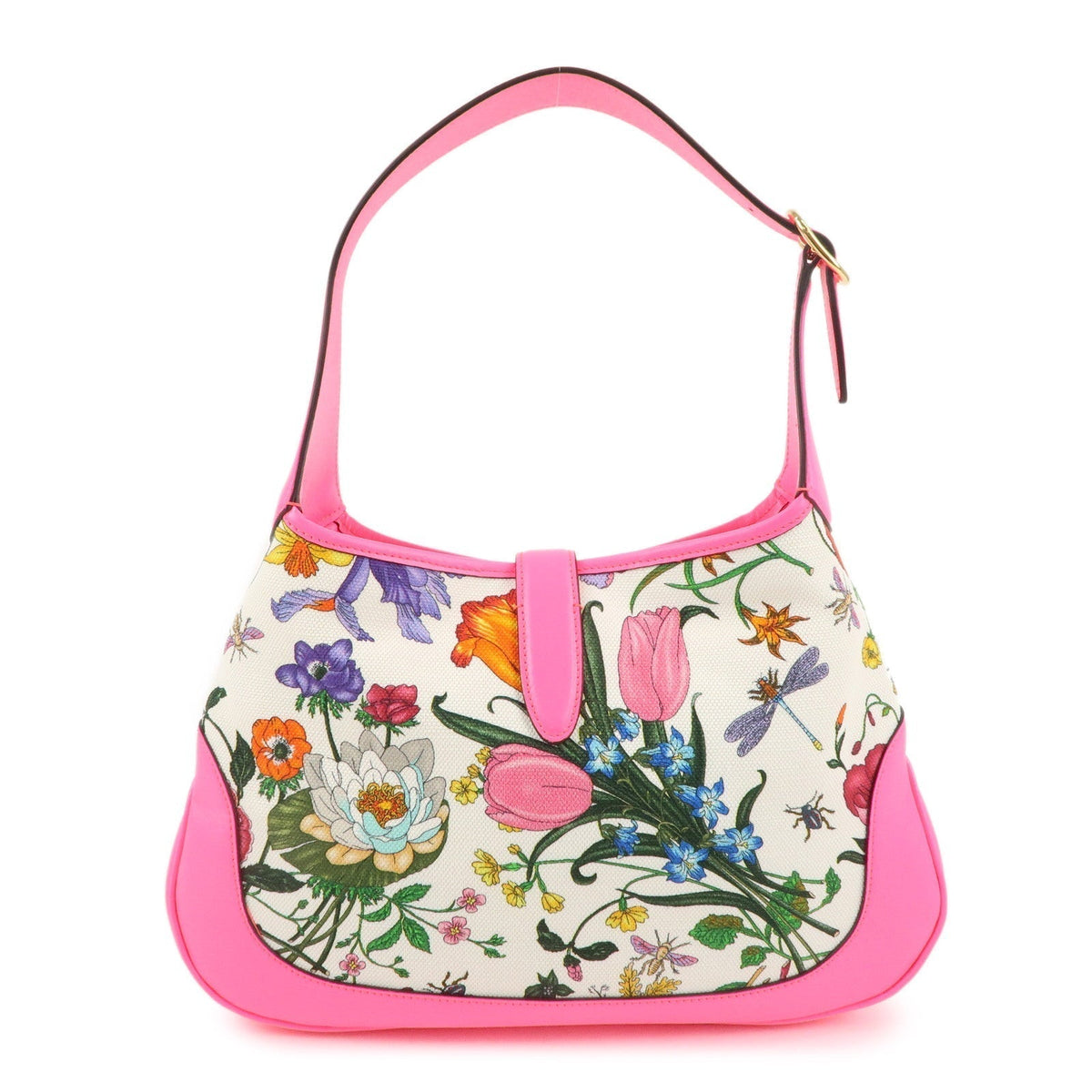 GUCCI New Jackie Flora Canvas Leather Shoulder Bag Pink 550152