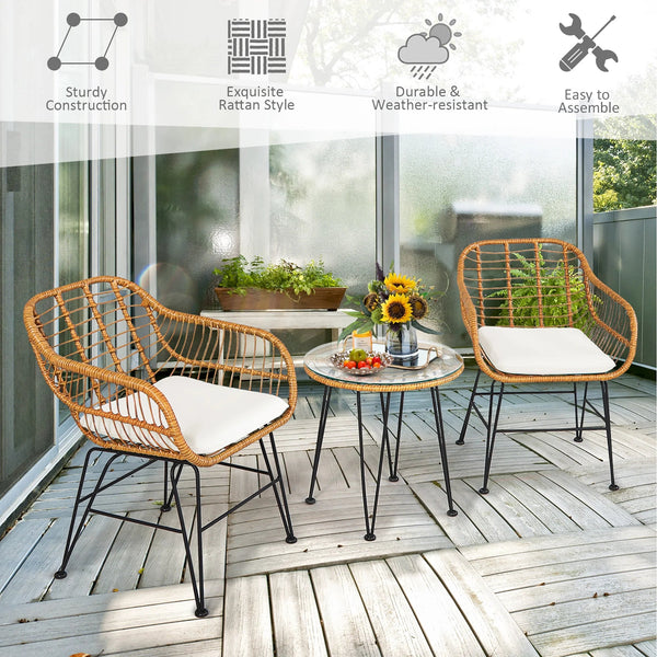3PCS Patio Rattan Bistro Furniture Set Cushioned Chair Table White