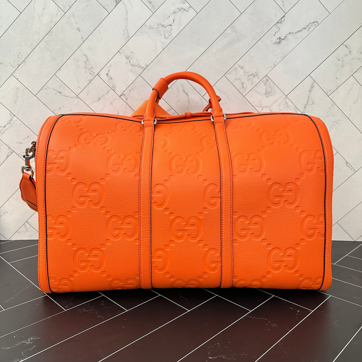 BRAND NEW Gucci Orange Jumbo GG Embossed Leather Duffle Bag Bandouliere
