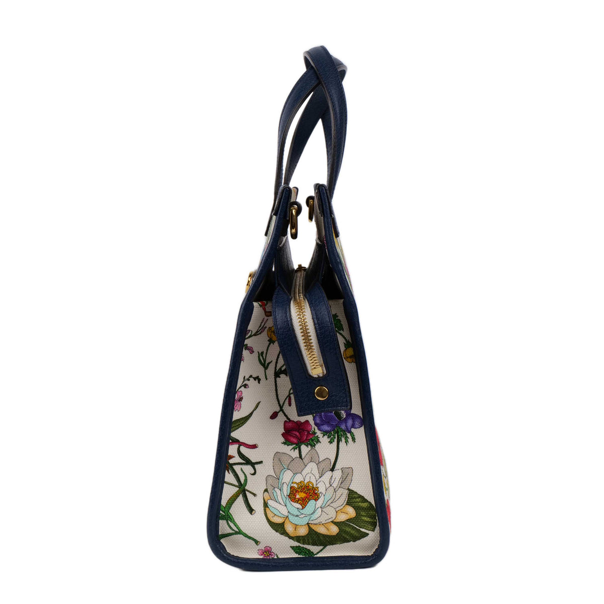 Gucci Floral Canvas Tote with Blue Leather Trim.