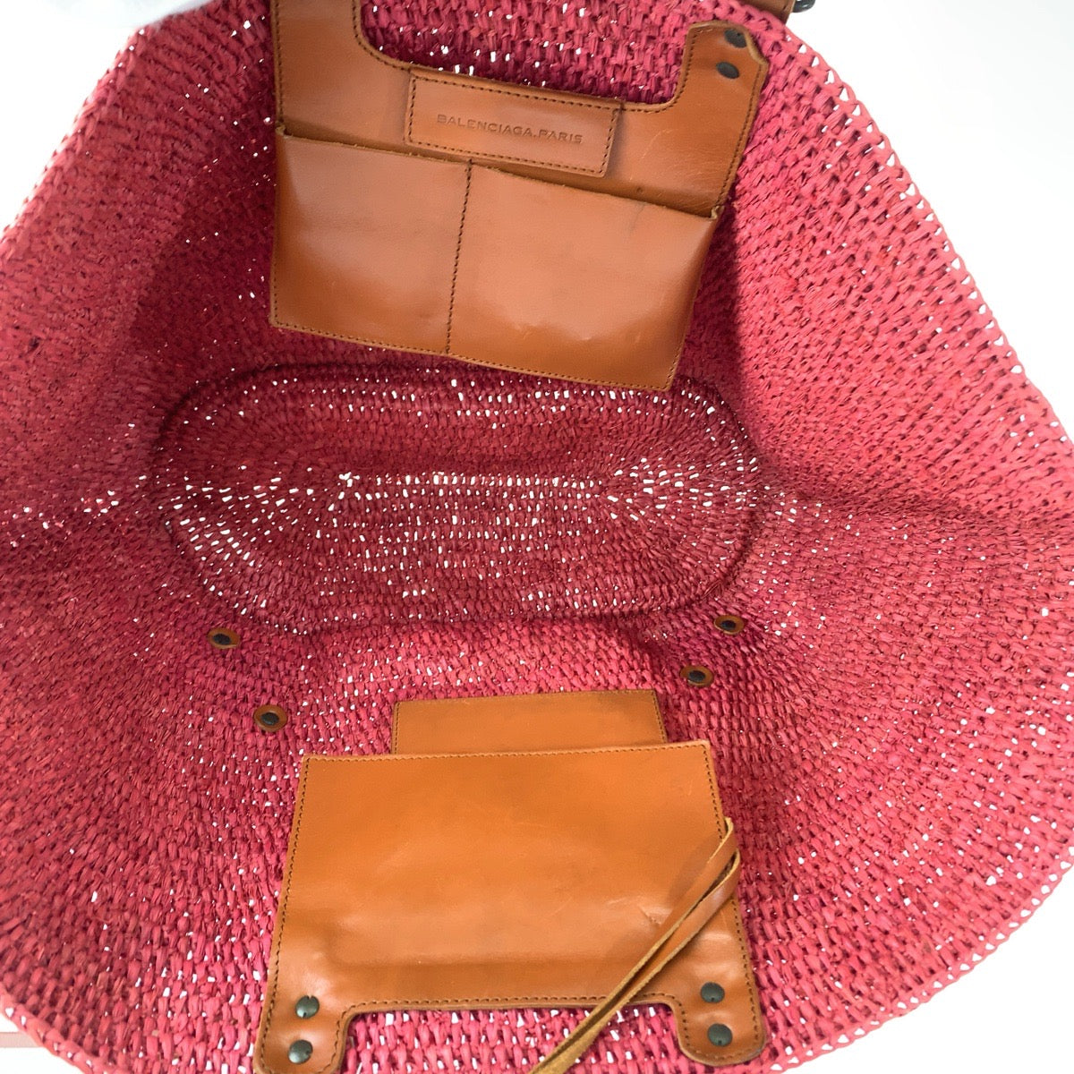 balenciaga Pink Brown Straw Leather Tote Bag