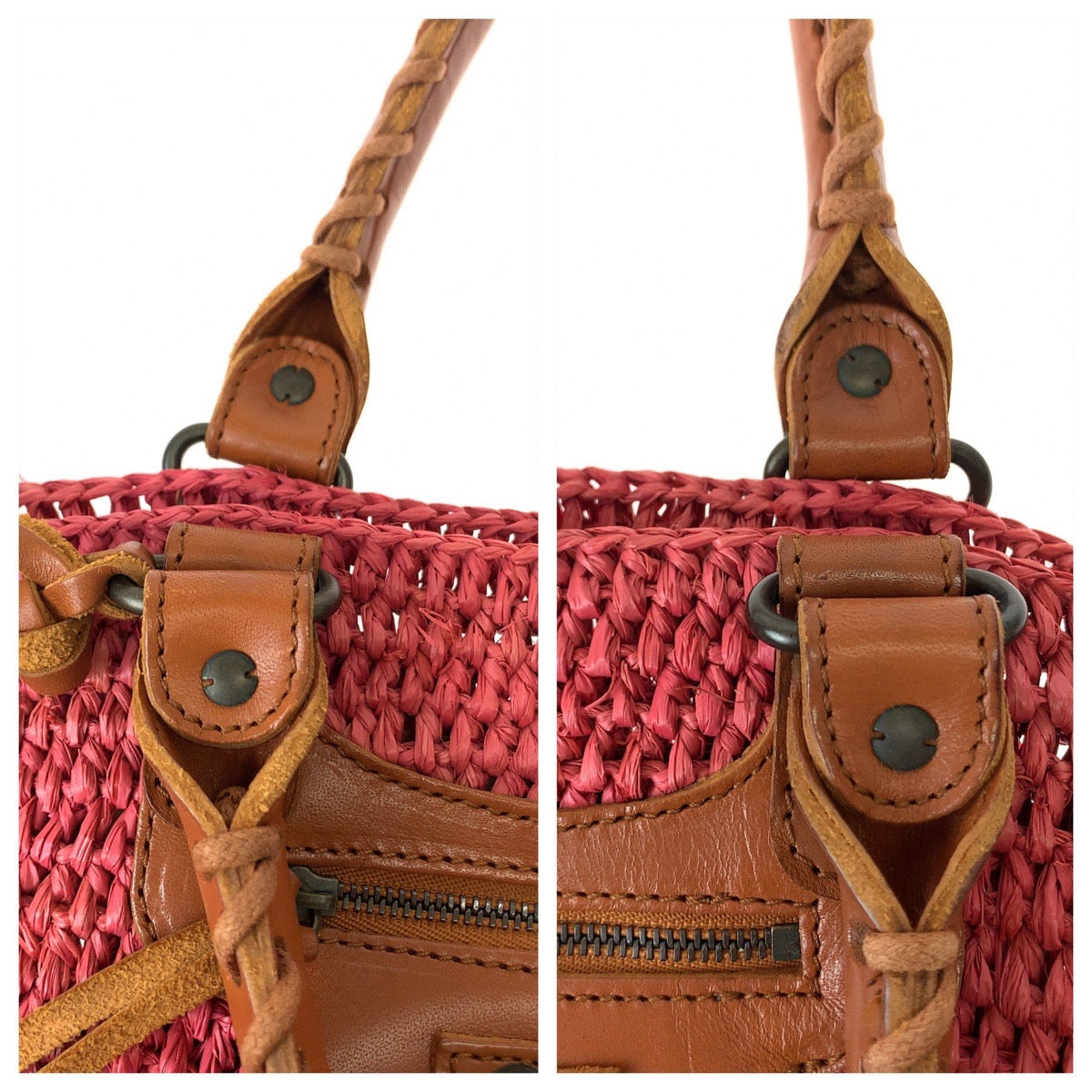 balenciaga Pink Brown Straw Leather Tote Bag