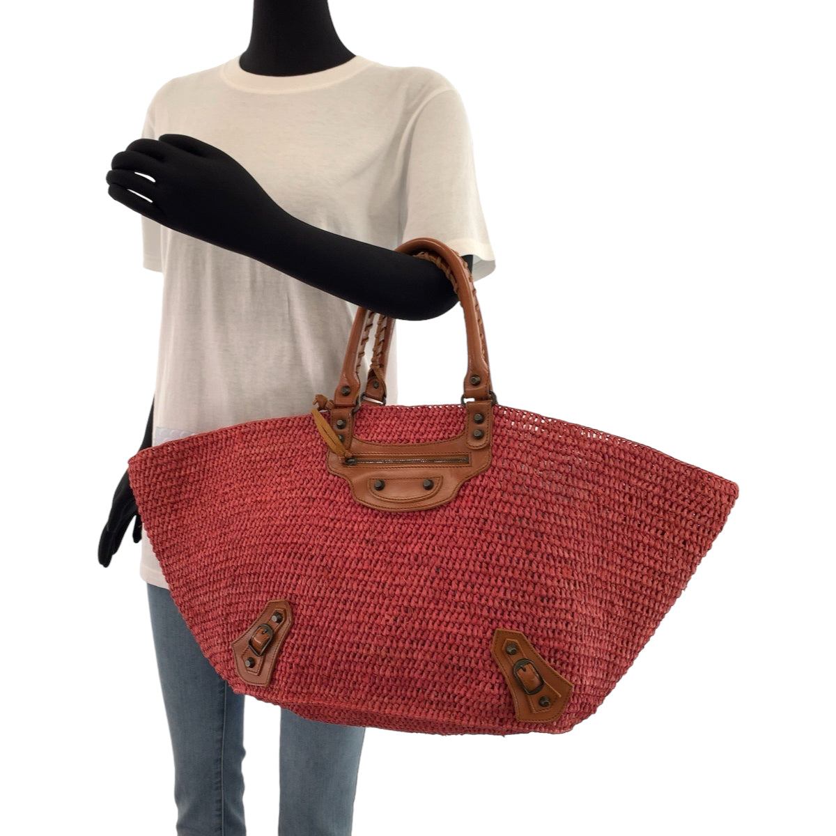 balenciaga Pink Brown Straw Leather Tote Bag