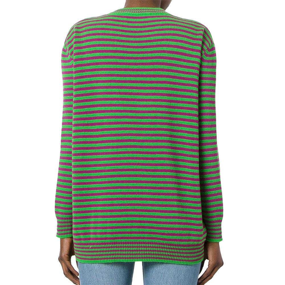 Gucci Women's Wool Striped Leopard Head Sweater Green